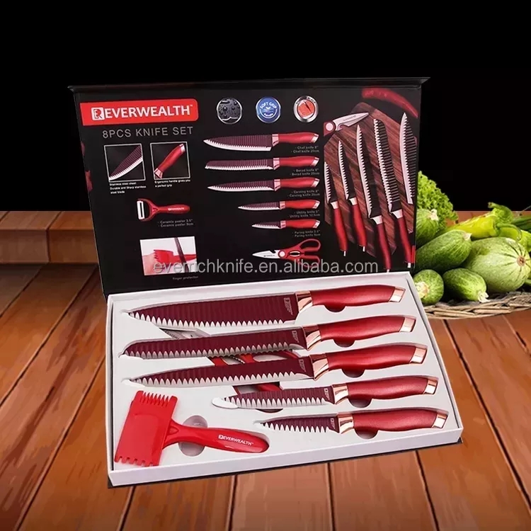 Le plus attrayant vente chaude 8 pièces couteau de cuisine rouge avec boîte - cadeau 