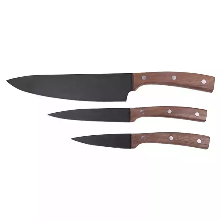 Vente chaude nouveau design noir oxyde enduit couteau de cuisine couteau de chef set manche en noyer 