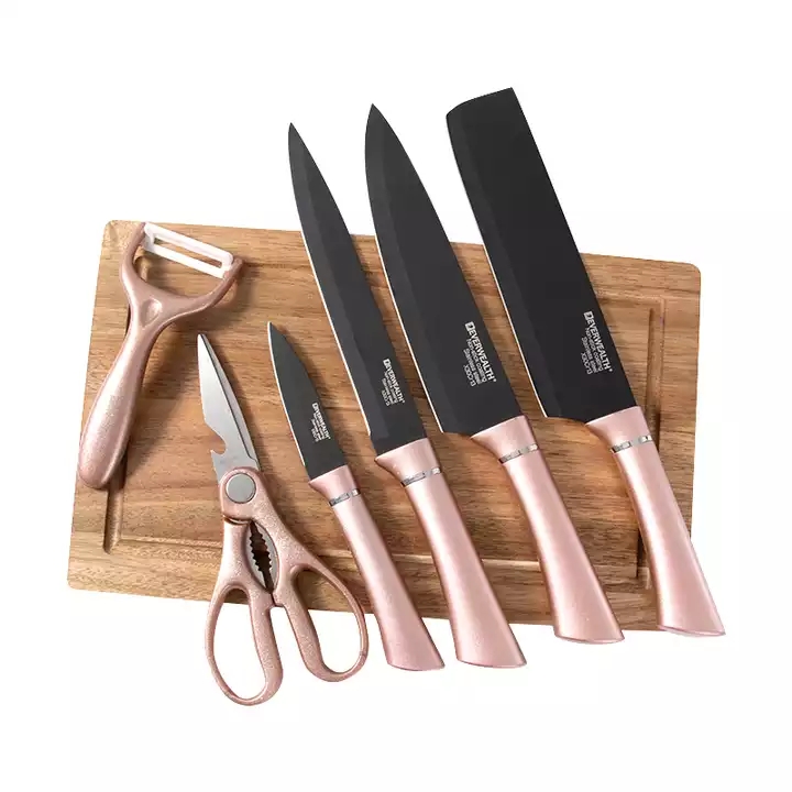 Vente chaude coffret cadeau 7 pièces ustensiles de cuisine acier inoxydable couteau à lame noir set avec plaque de coupe 