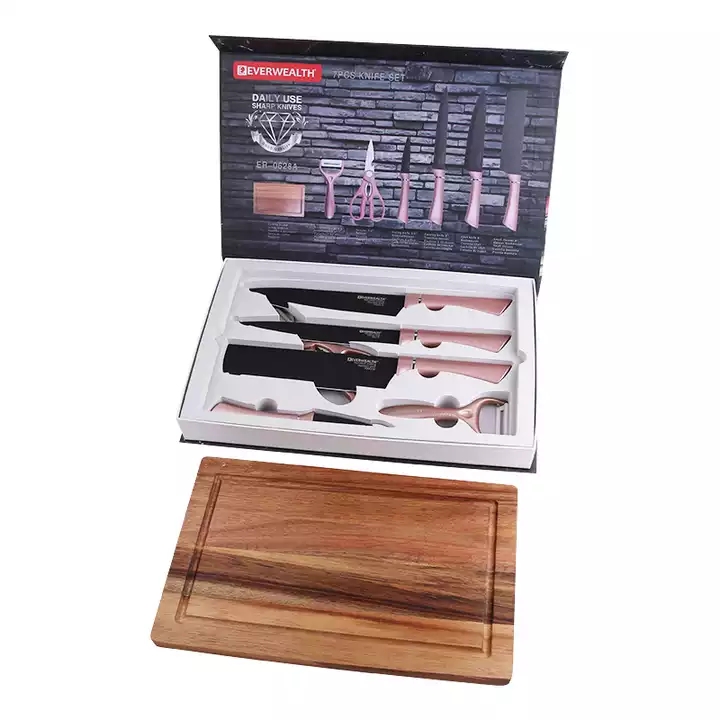 Vente chaude coffret cadeau 7 pièces ustensiles de cuisine acier inoxydable couteau à lame noir set avec plaque de coupe 