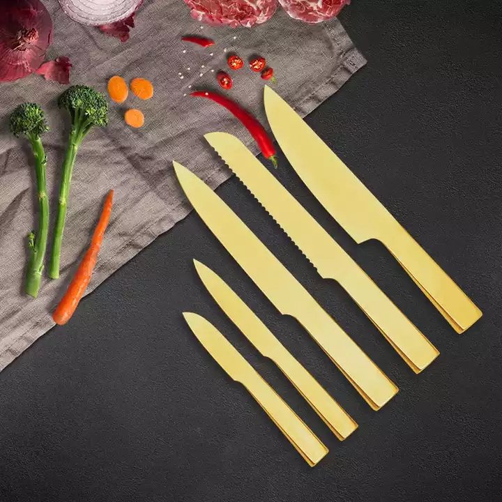 Amazon vente chaude anti - adhésif enduit acier inoxydable creux manche coloré couteau de cuisine set 