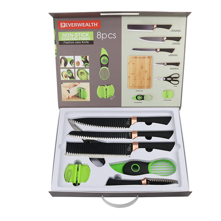 Nouveau design vert Boîte cadeau emballage ciseaux avocat Peeler et pp poignée couteau de cuisine set 