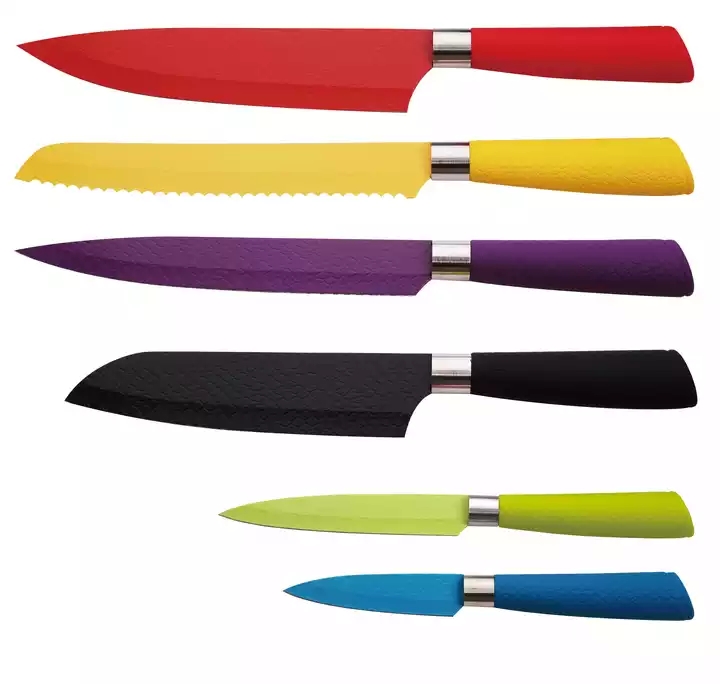 Chine mode usine coloré ustensiles de cuisine en acier inoxydable 7 pièces PP + TPR poignée couteau de cuisine set 