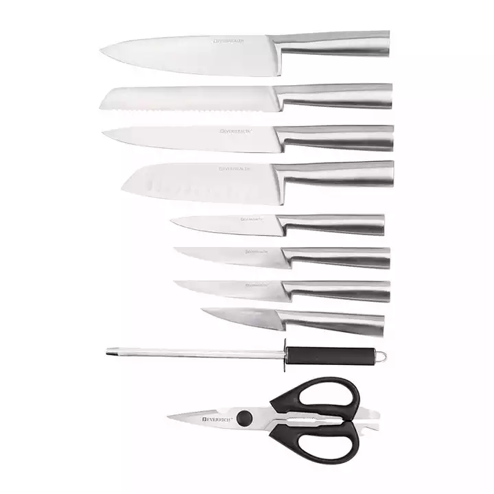 Hot sale couteau de cuisine haut de gamme 10 pièces couteau de chef en acier inoxydable set avec bloc de couteau en bois 