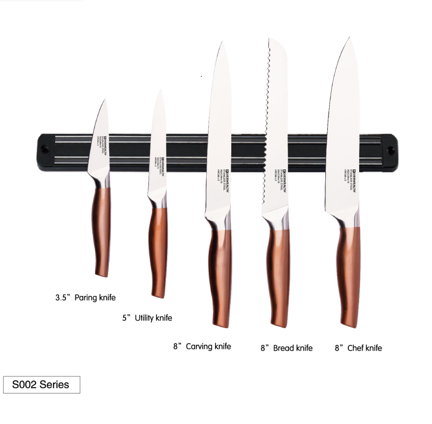 Bonne qualité manche creux couteau de chef Set de 6 pièces couteau de cuisine set, porte - couteau magnétique en plastique noir 