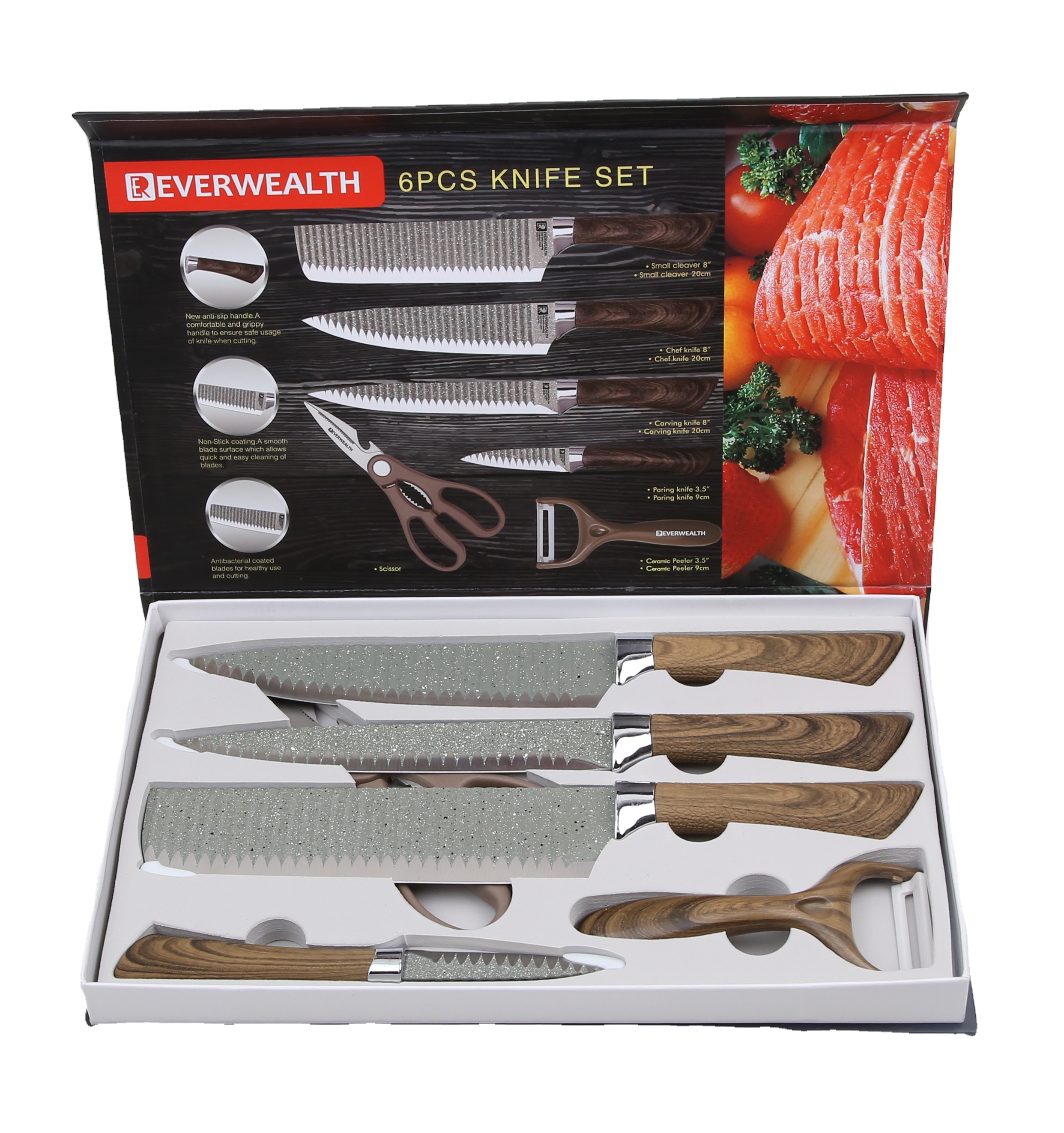 Nouveau couteau de cuisine pratique set manche revêtue en grain de bois avec ciseaux et couteau à éplucher 