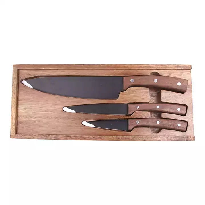 Vente chaude nouveau design noir oxyde enduit couteau de cuisine couteau de chef set manche en noyer 