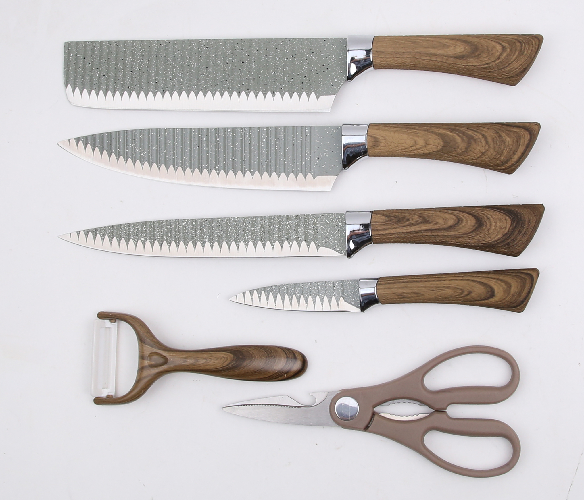 Nouveau couteau de cuisine pratique set manche revêtue en grain de bois avec ciseaux et couteau à éplucher 