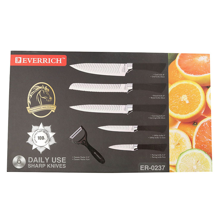 Meilleures ventes ustensiles de cuisine coffret cadeau pratique poli et gaufré acier inoxydable noir poignée en plastique couteau de cuisine set 