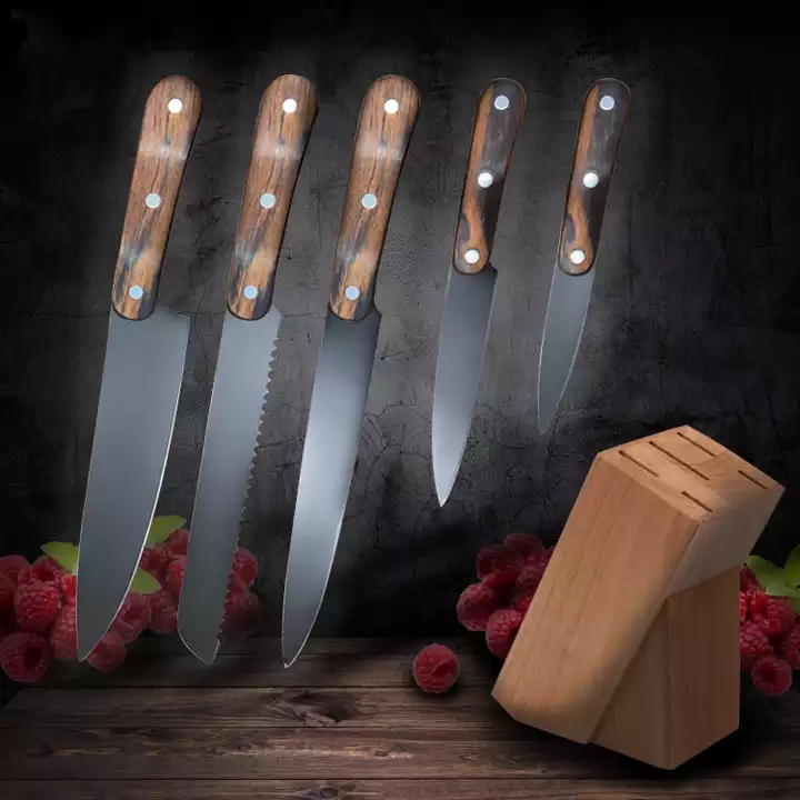 Bois naturel pakka en acier inoxydable 3cr13 6 pièces couteau tranchant Set de couteaux de cuisine 