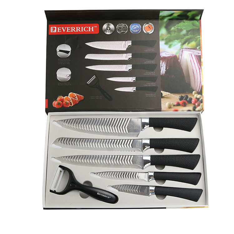 Meilleures ventes ustensiles de cuisine coffret cadeau pratique poli et gaufré acier inoxydable noir poignée en plastique couteau de cuisine set 