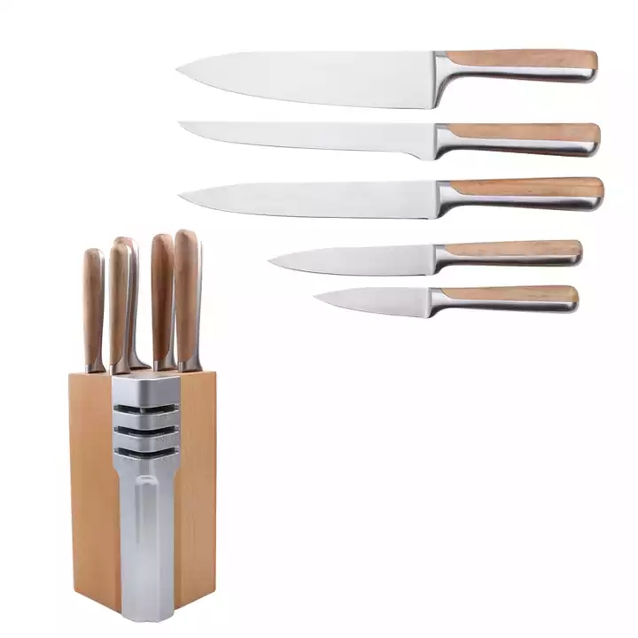 Ensemble de couteaux de cuisine en acier inoxydable en bois de hêtre + 430 poignées avec base de rangement pour couteaux en bois 