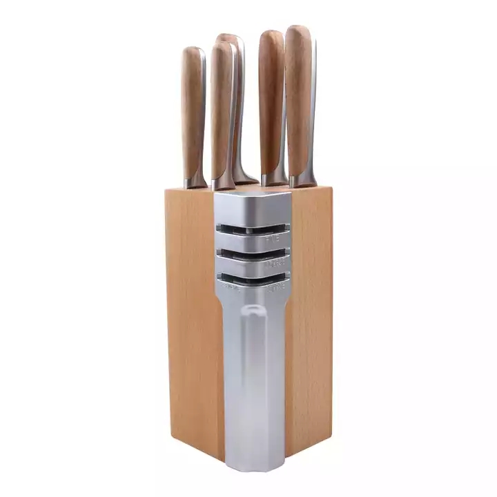 Ensemble de couteaux de cuisine en acier inoxydable en bois de hêtre + 430 poignées avec base de rangement pour couteaux en bois 